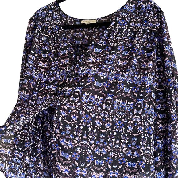 Democracy Sheer Top Womens XL Bohemian Lace Up V Neck Long Bell Sleeves Pintuck - Picture 2 of 11